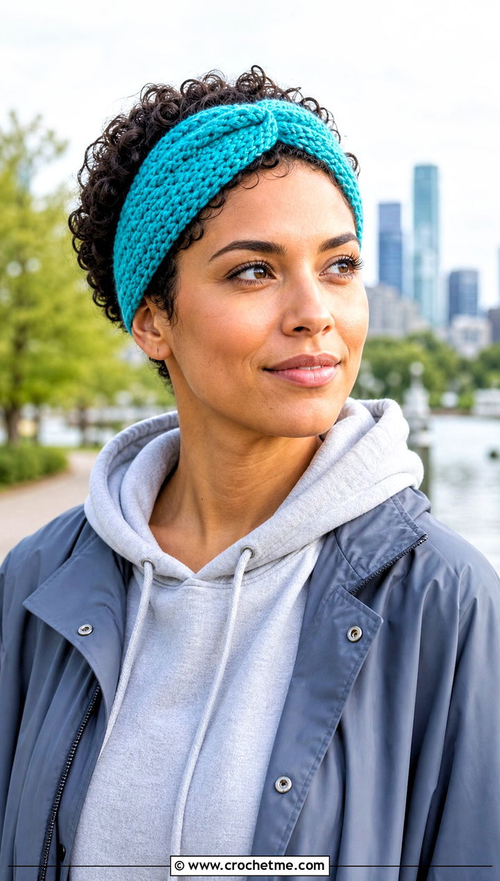 X Twist Crochet Headband With Hoodie And Cargo Skirt - 25 crochet headband for short hair outfit ideas
