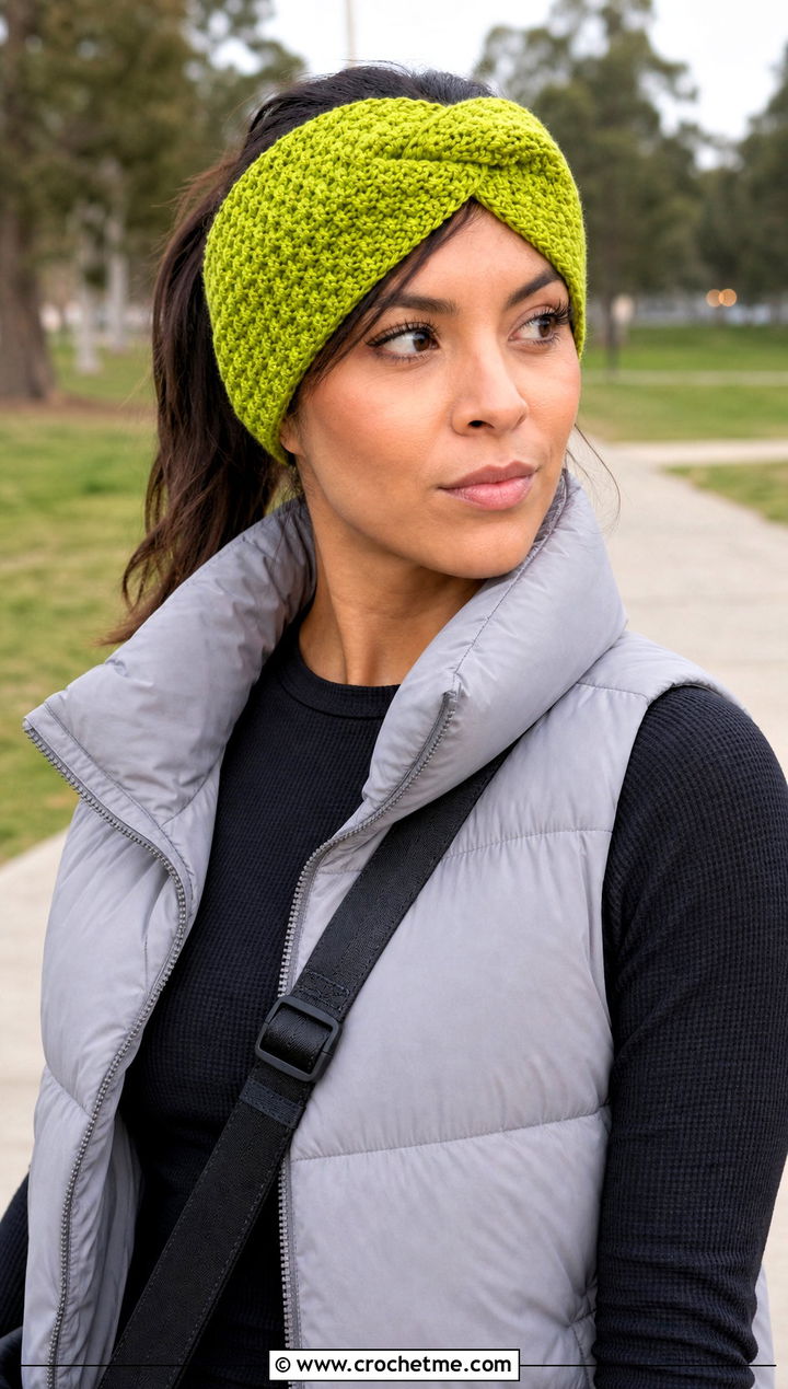X Twist Crochet Headband With Puffer Vest - 30 boho crochet headband outfit ideas