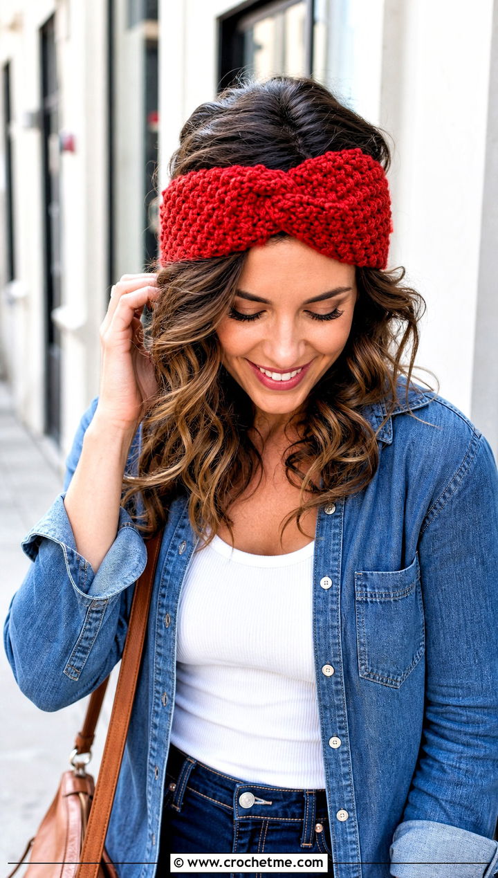 X Twist Jasmine Stitch Headband With Double Denim - 20 Crochet Jasmine Stitch Headband outfit ideas