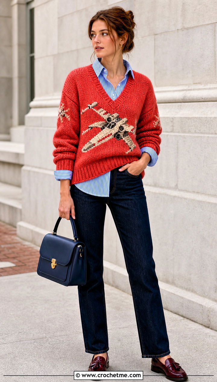 X Wing V Neck Crochet Sweater With Button Down Shirt - 20 Star Wars Crochet Sweater outfit ideas