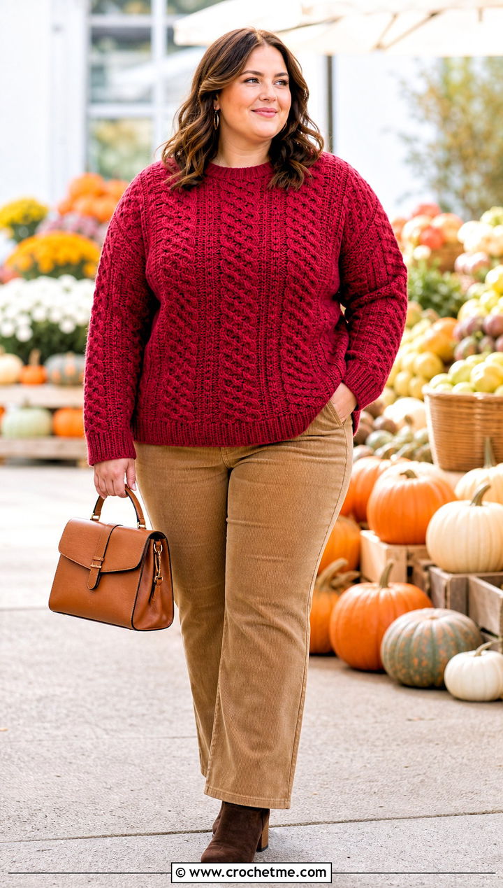 XL Cable Texture Crochet Sweater With Corduroy Pants - 20 Xl Crochet Sweater outfit ideas