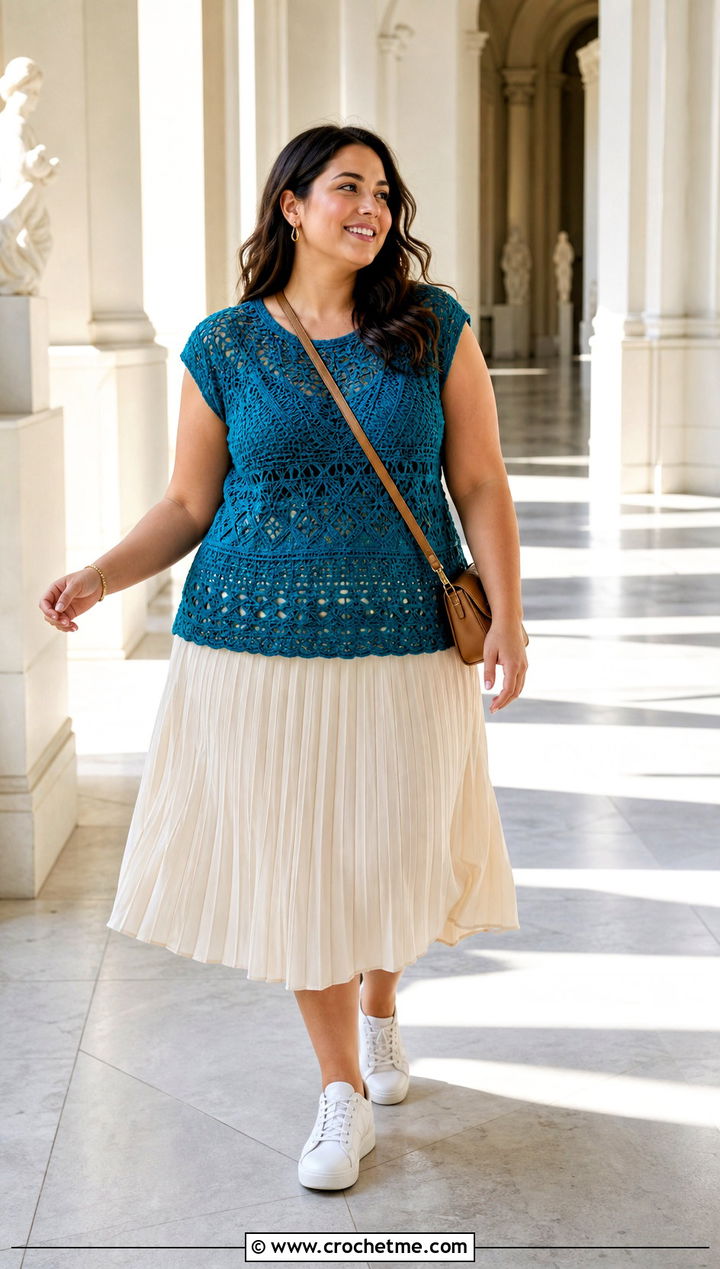 XL Cap Sleeve Crochet Top With Pleated Midi Skirt - 25 Xl Crochet Top outfit ideas