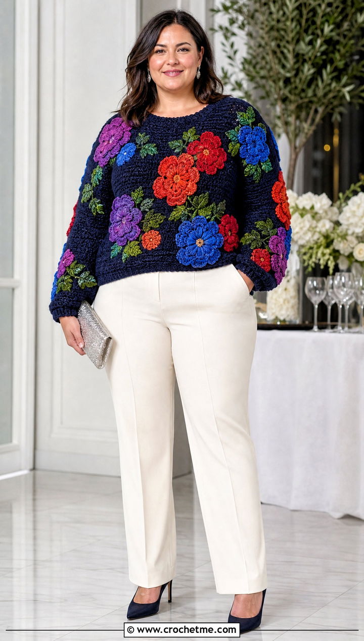 XL Floral Motif Crochet Sweater With Tailored Suit Pants - 20 Xl Crochet Sweater outfit ideas