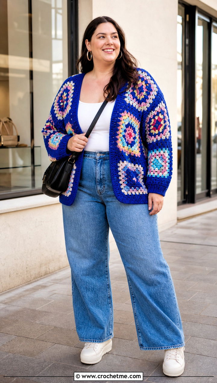 XL Granny Square Crochet Sweater With Wide Leg Jeans - 20 Xl Crochet Sweater outfit ideas