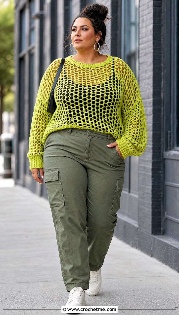 XL Mesh Crochet Sweater With Cargo Pants - 20 Xl Crochet Sweater outfit ideas