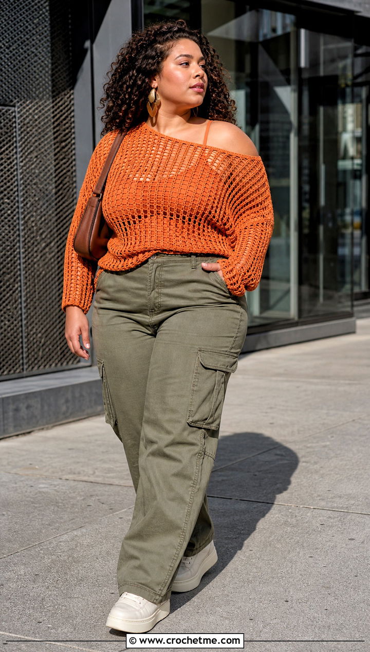XL Off Shoulder Crochet Top With Cargo Pants - 25 Xl Crochet Top outfit ideas