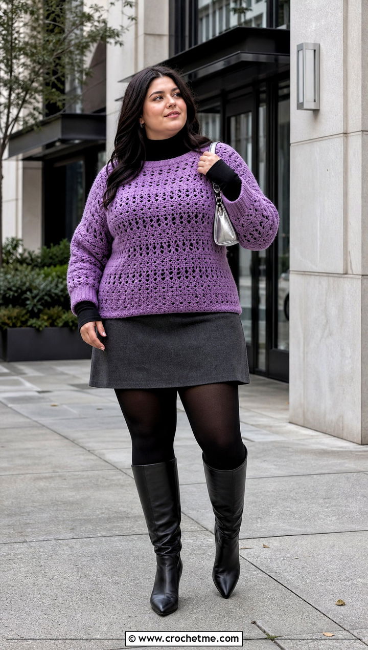 XL Open Stitch Crochet Sweater With Mini Skirt And Tights - 20 Xl Crochet Sweater outfit ideas