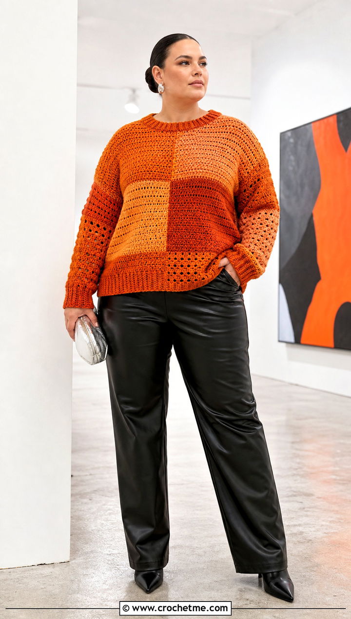 XL Patchwork Crochet Sweater With Faux Leather Pants - 20 Xl Crochet Sweater outfit ideas