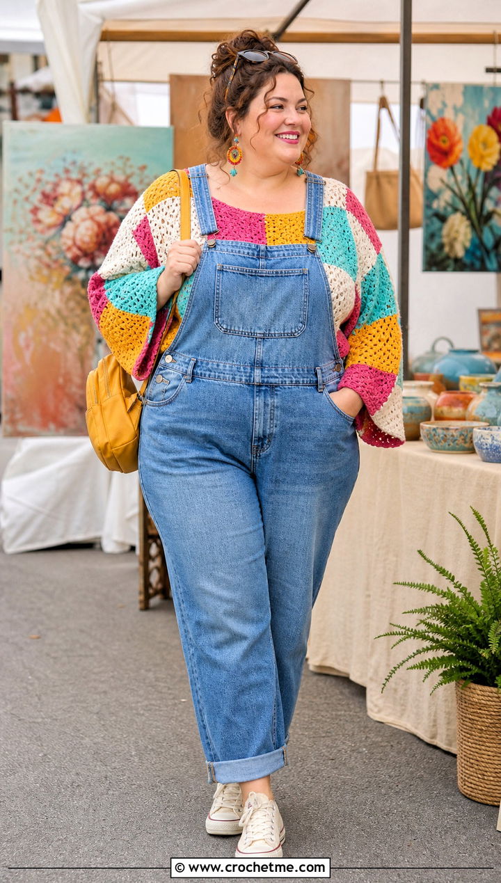 XL Patchwork Crochet Top With Denim Overalls - 25 Xl Crochet Top outfit ideas