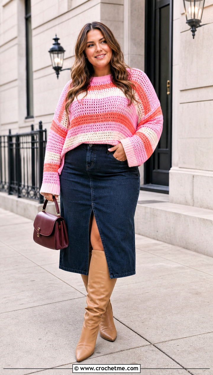 XL Striped Drop Shoulder Crochet Sweater With Denim Midi Skirt - 20 Xl Crochet Sweater outfit ideas