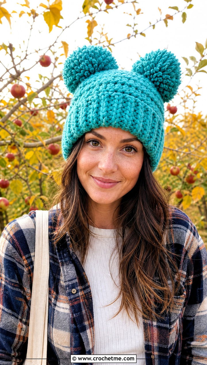 Yarn Pom Double Pom Pom Beanie With Plaid Overshirt - 25 Crochet Double Pom Pom Hat outfit ideas