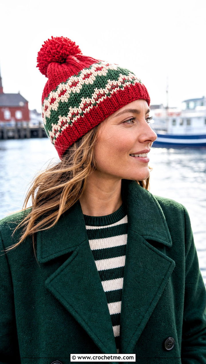 Yarn Pom Fair Isle Crochet Hat With Peacoat - 30 fair isle crochet hat outfit ideas