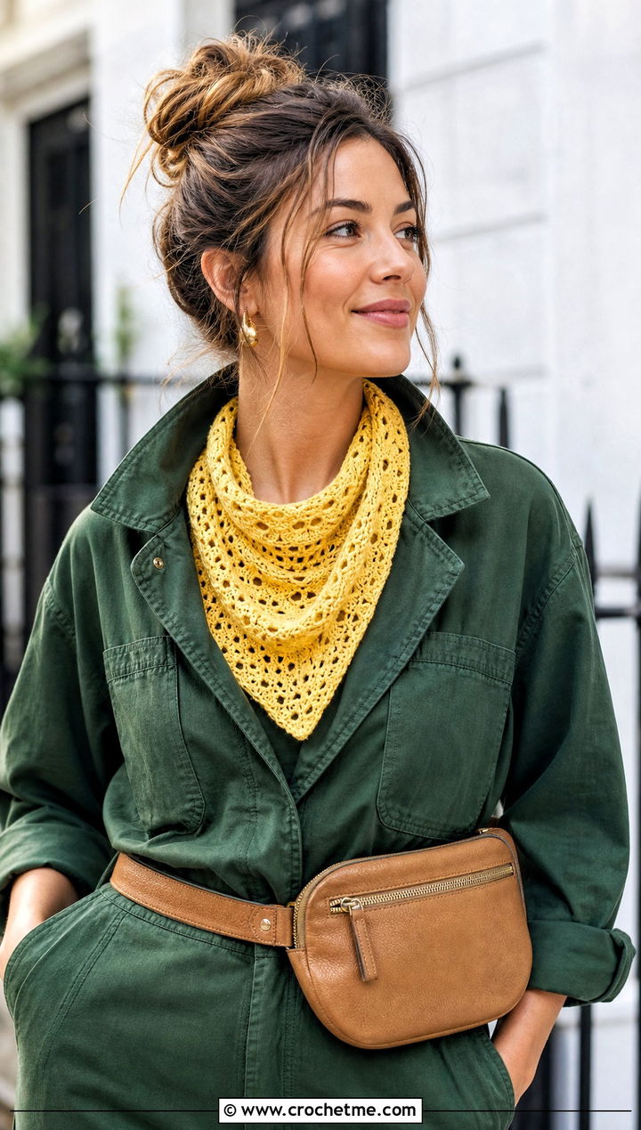 Yellow Bandana Crochet Scarf With Utility Jumpsuit - 15 autumn yellow crochet scarf outfit ideas