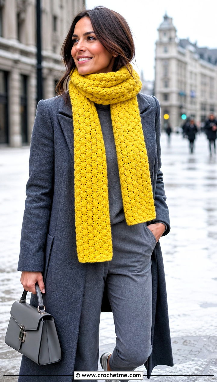 Yellow Bobble Stitch Crochet Scarf With Monochrome Outfit - 15 yellow crocheted scarf on table outfit ideas