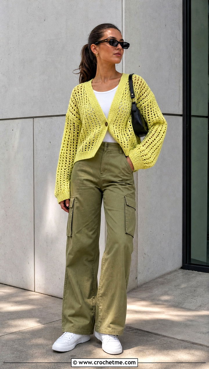Yellow Boxy Open Stitch Crochet Cardigan With Cargo Pants - 15 Yellow Crochet Cardigan With Buttons outfit ideas