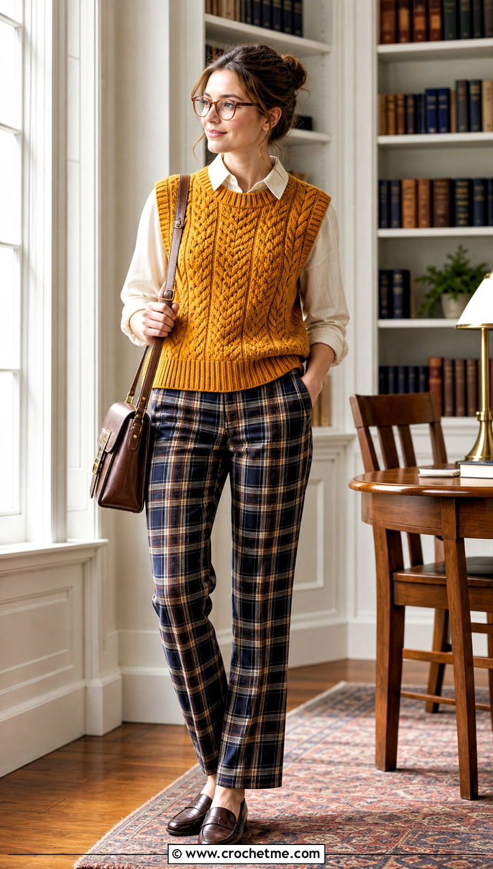 Yellow Cable Look Crocheted Sweater Vest With Plaid Trousers - 15 Yellow Crocheted Sweater Vest outfit ideas