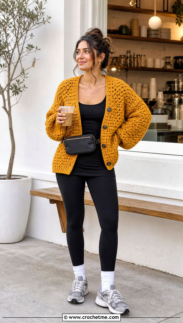 Yellow Chunky Oversized Crochet Cardigan With Black Leggings - 15 Yellow Crochet Cardigan With Buttons outfit ideas