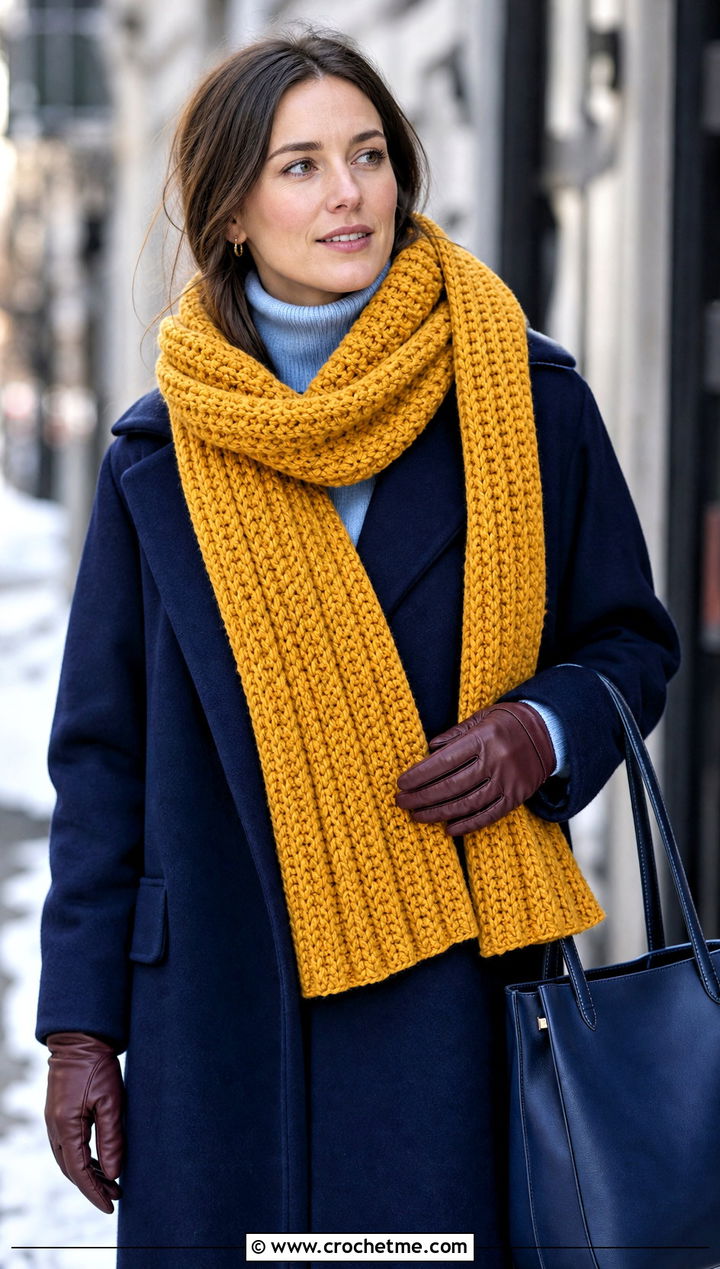 Yellow Chunky Ribbed Crochet Scarf With Wool Coat - 15 yellow crocheted scarf on table outfit ideas