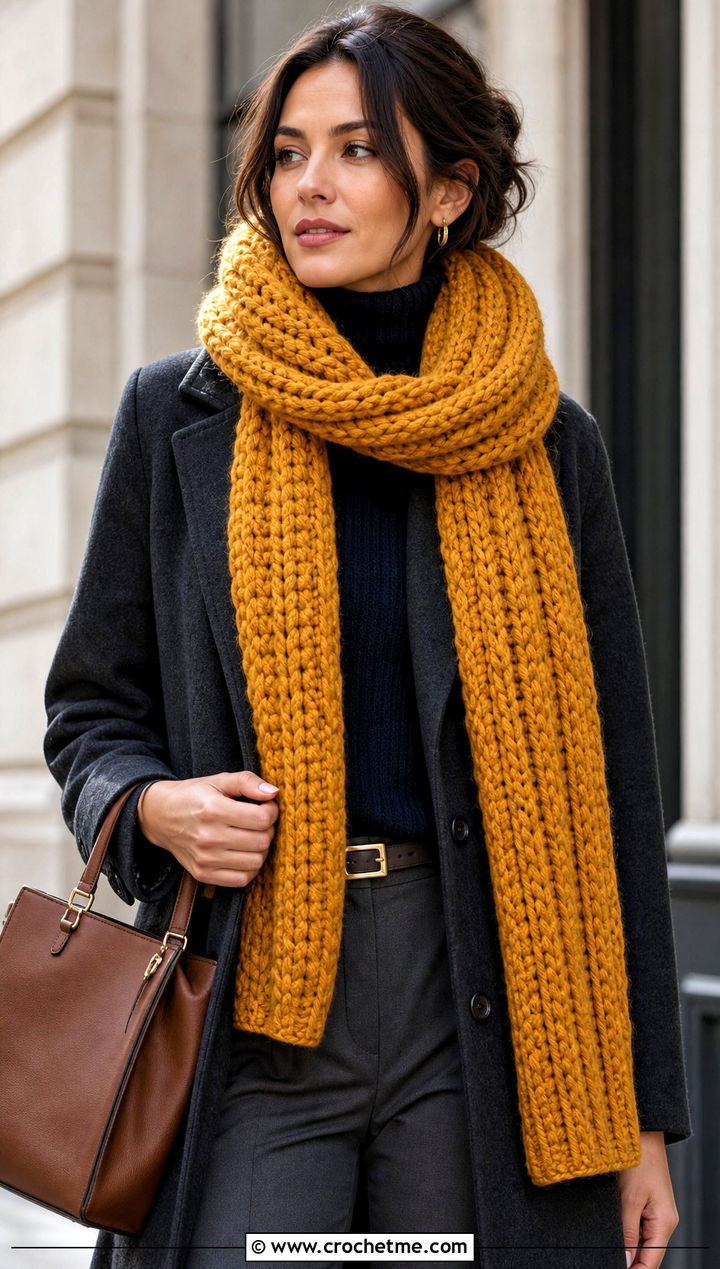 Yellow Chunky Ribbed Crochet Scarf With Wool Coat - 15 autumn yellow crochet scarf outfit ideas