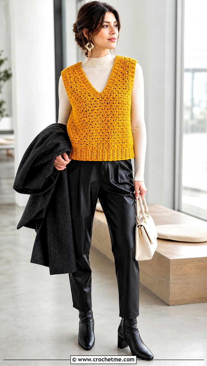 Yellow Chunky Textured Crocheted Sweater Vest With Leather Pants - 15 Yellow Crocheted Sweater Vest outfit ideas