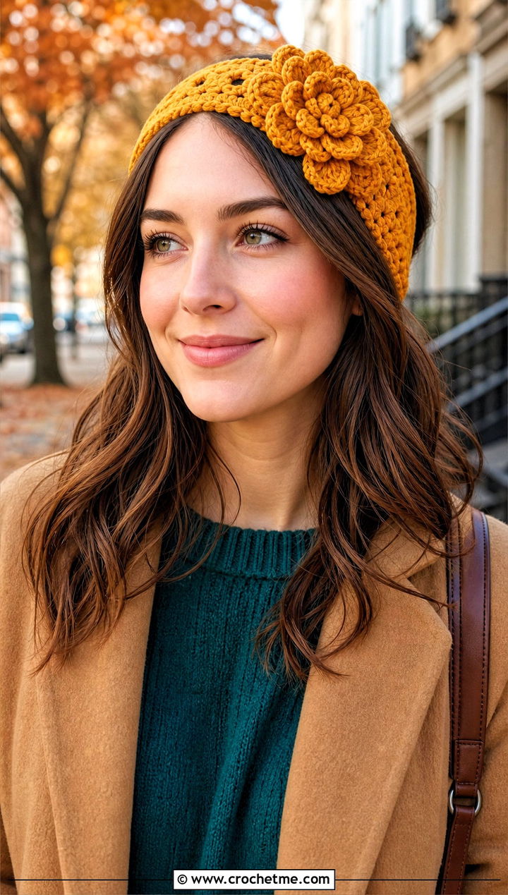 Yellow Crochet D Flower Headband With Knit Sweater - 15 yellow crochet flower headband outfit ideas