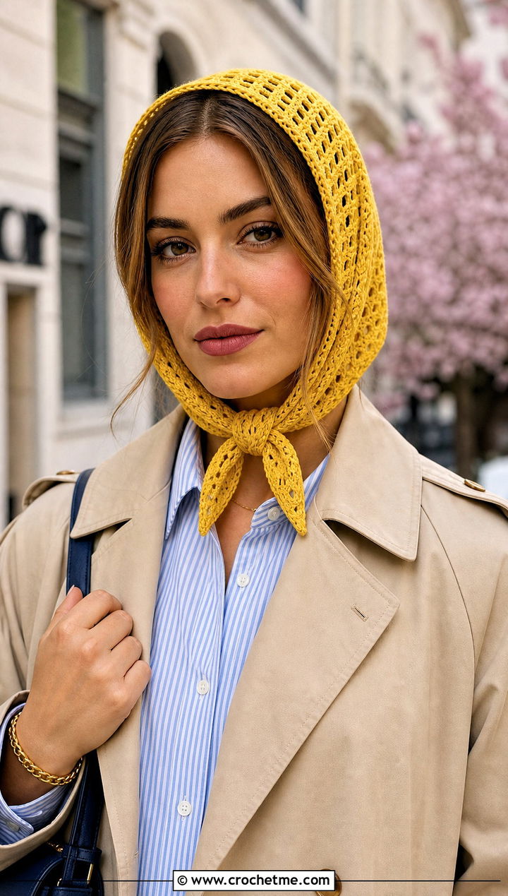 Yellow Crochet Bandana Scarf With Trench Coat - 15 yellow crocheted scarf on table outfit ideas