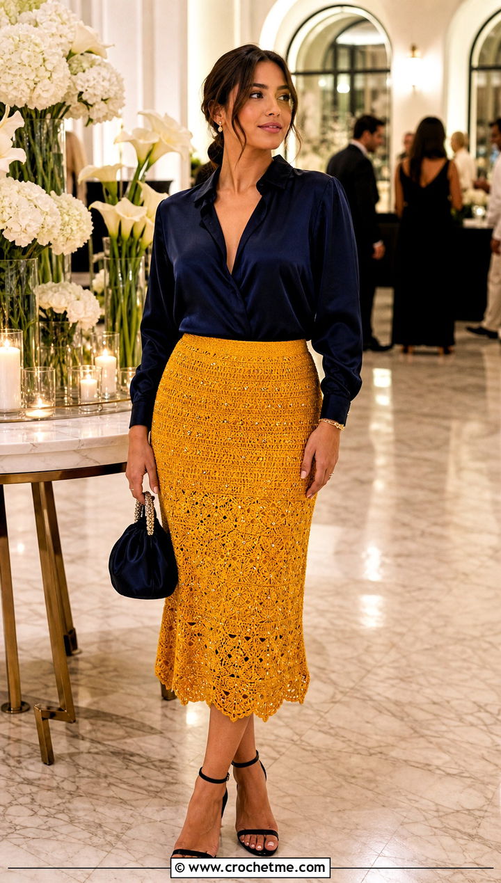 Yellow Crochet Beaded Skirt With Silk Blouse - 35 yellow crochet skirt outfit ideas