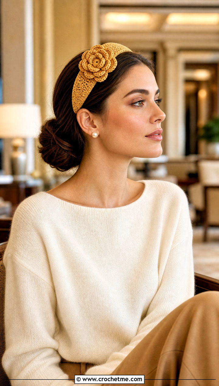 Yellow Crochet Camellia Headband With Wide Leg Trousers - 15 yellow crochet flower headband outfit ideas