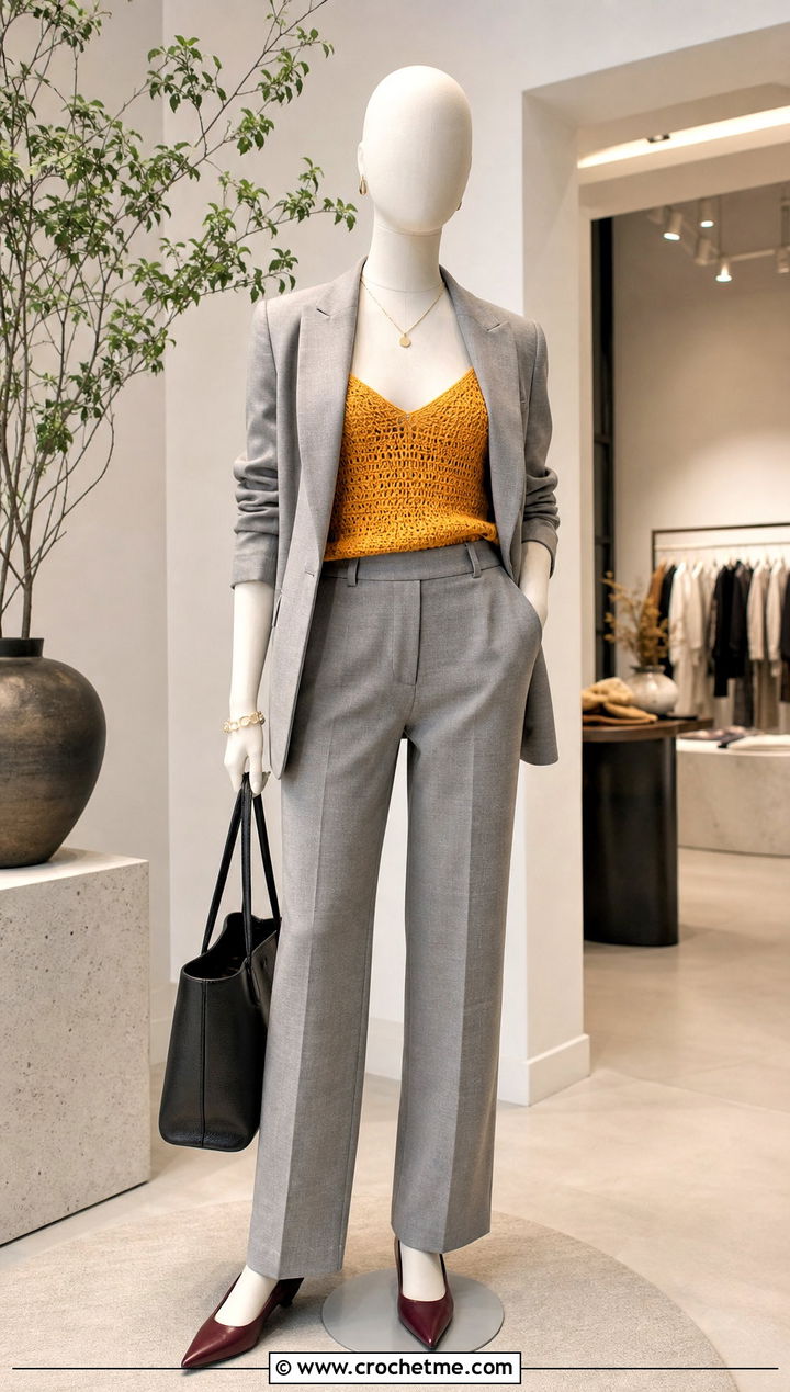 Yellow Crochet Camisole With Blazer And Trousers - 15 yellow crochet top on mannequin outfit ideas