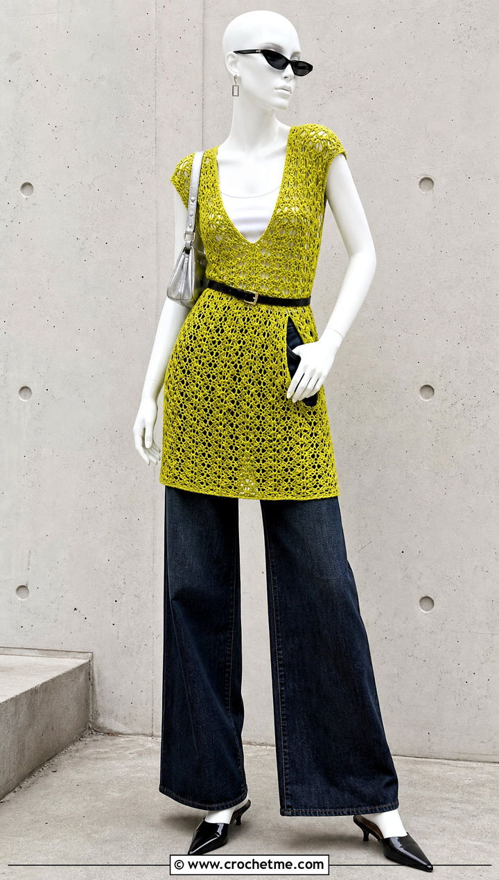 Yellow Crochet Cap Sleeve Mini Dress Over Wide Leg Jeans - 15 yellow crochet dress on mannequin outfit ideas