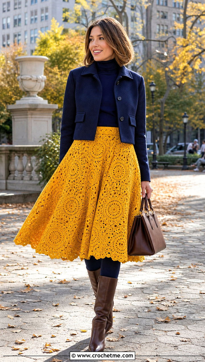 Yellow Crochet Circle Skirt With Fitted Turtleneck - 35 yellow crochet skirt outfit ideas
