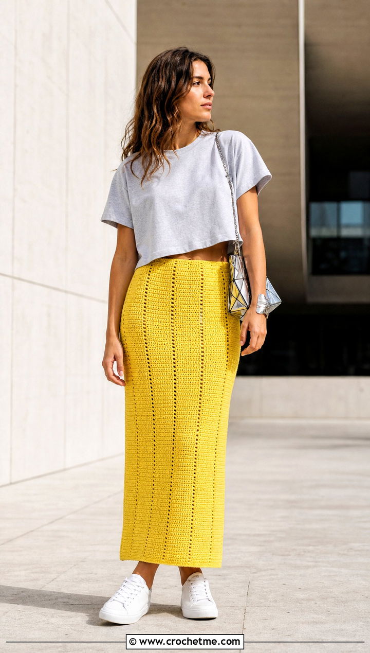 Yellow Crochet Column Skirt With Boxy T Shirt - 35 yellow crochet skirt outfit ideas