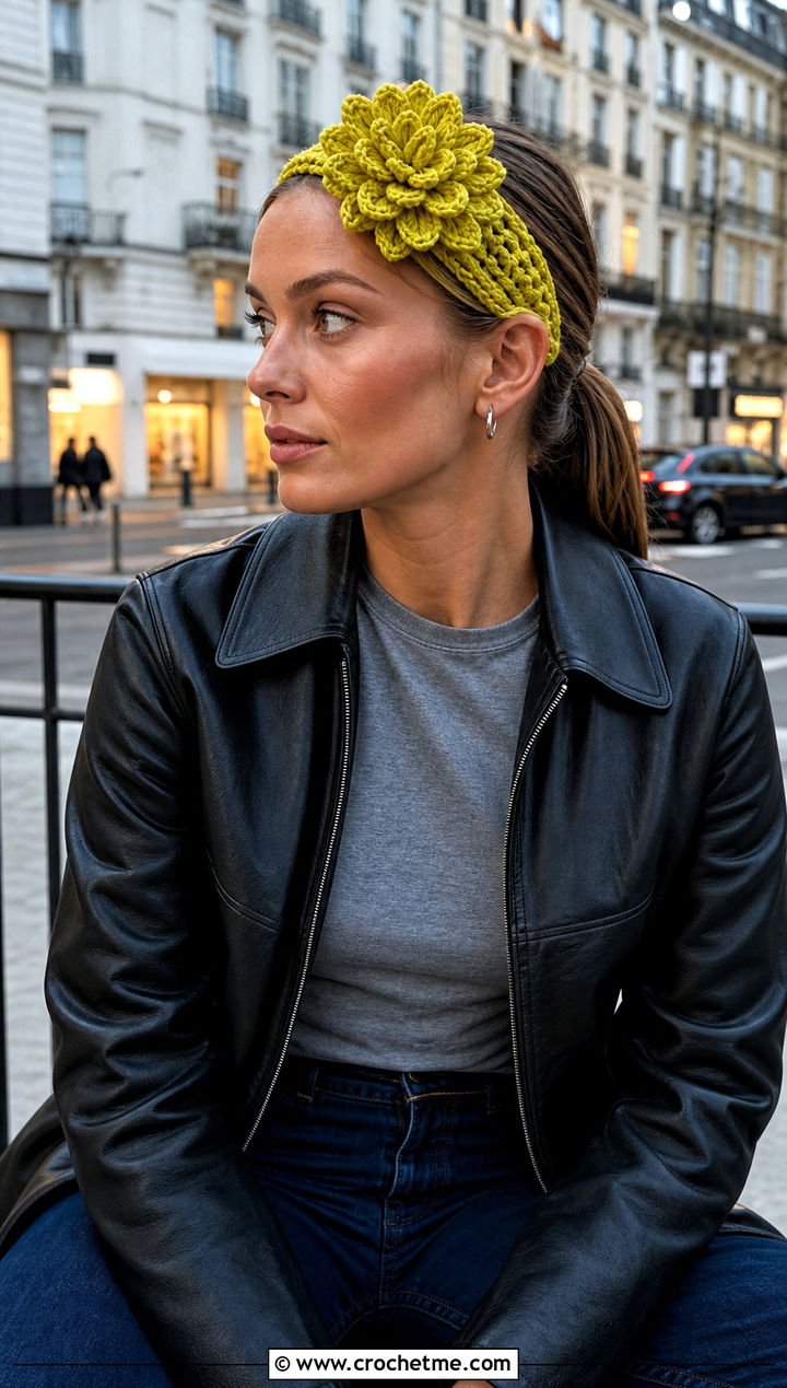 Yellow Crochet Dahlia Headband With Leather Jacket - 15 yellow crochet flower headband outfit ideas