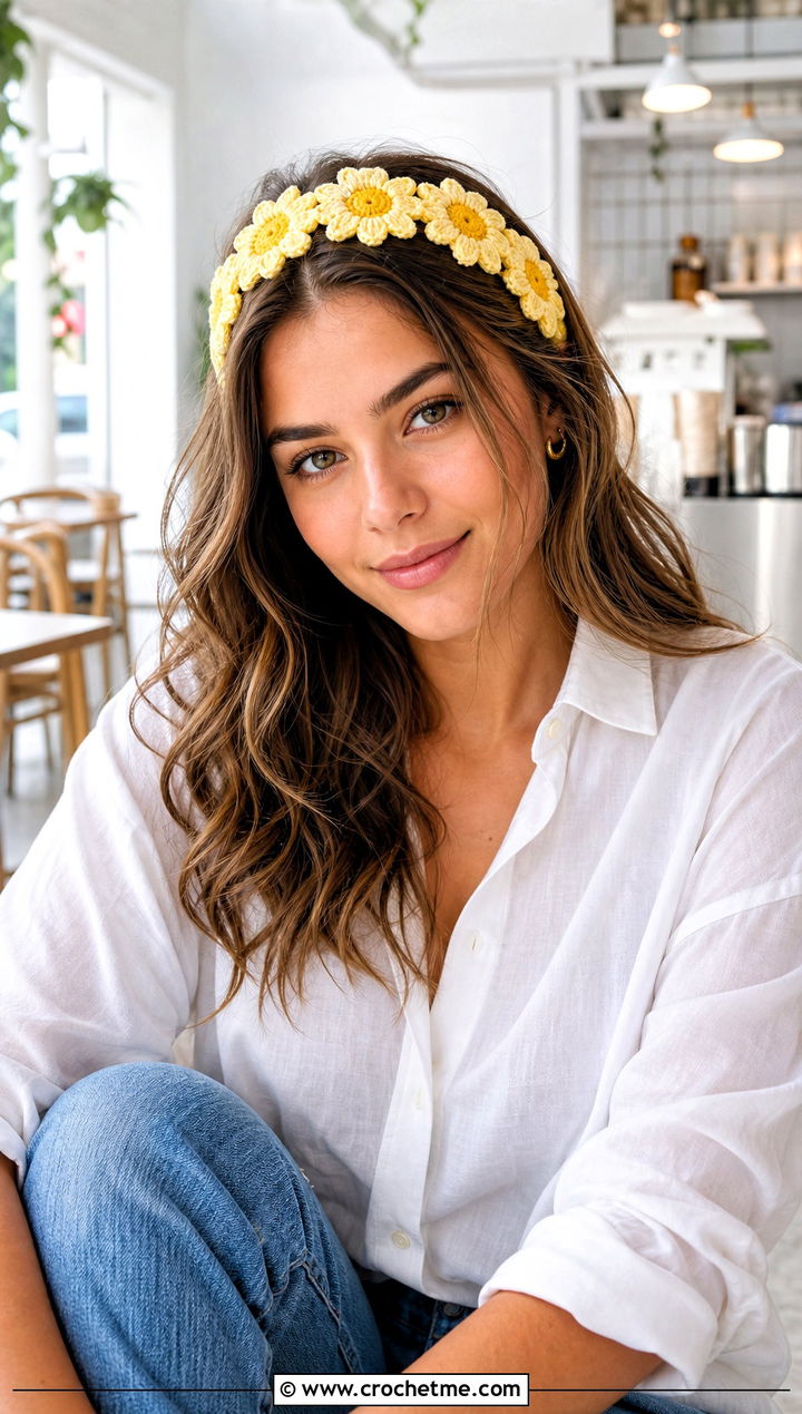 Yellow Crochet Daisy Headband With Jeans And White Shirt - 15 yellow crochet flower headband outfit ideas