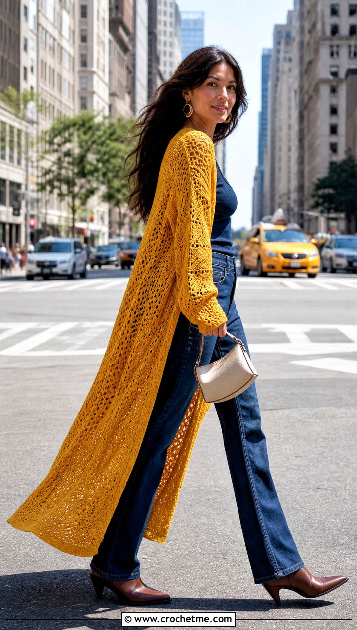 Yellow Crochet Duster Cardigan With Denim Outfit - 30 yellow crochet cardigan outfit ideas