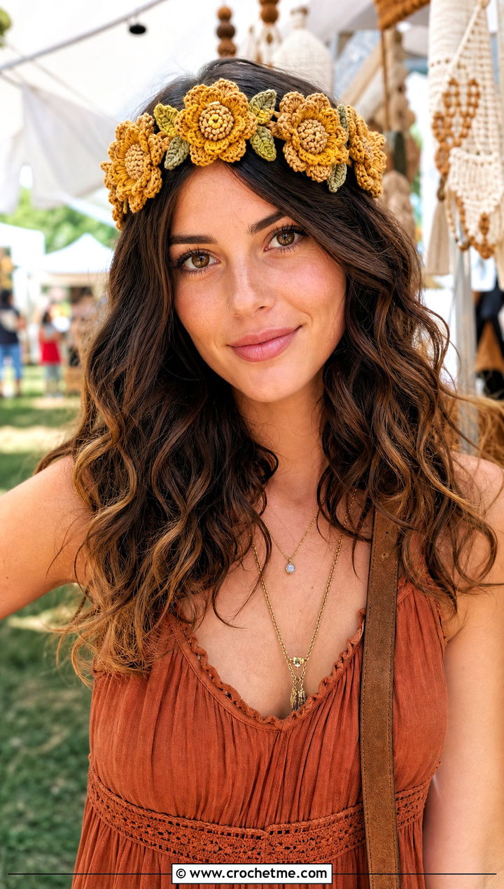 Yellow Crochet Flower Crown Headband With Boho Maxi Dress - 15 yellow crochet flower headband outfit ideas