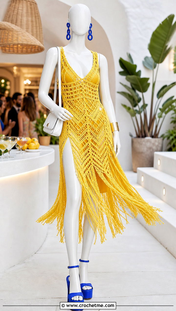 Yellow Crochet Fringe Dress With Platform Sandals - 15 yellow crochet dress on mannequin outfit ideas