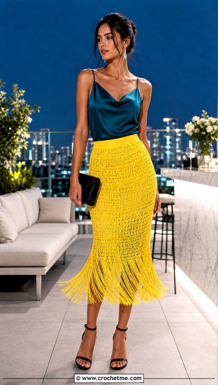 Yellow Crochet Fringe Skirt With Satin Camisole - 35 yellow crochet skirt outfit ideas