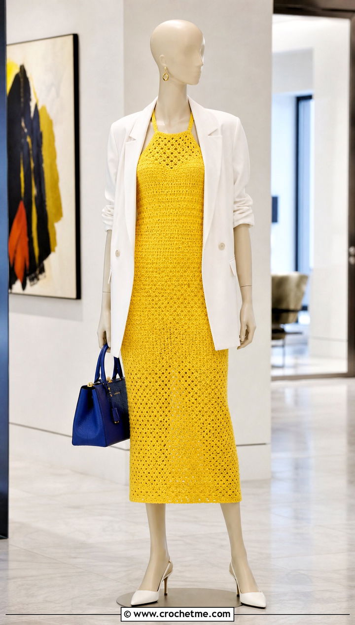 Yellow Crochet Halter Midi Dress With White Blazer - 15 yellow crochet dress on mannequin outfit ideas