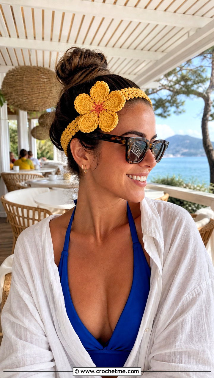 Yellow Crochet Hibiscus Headband With Beach Cover Up - 15 yellow crochet flower headband outfit ideas