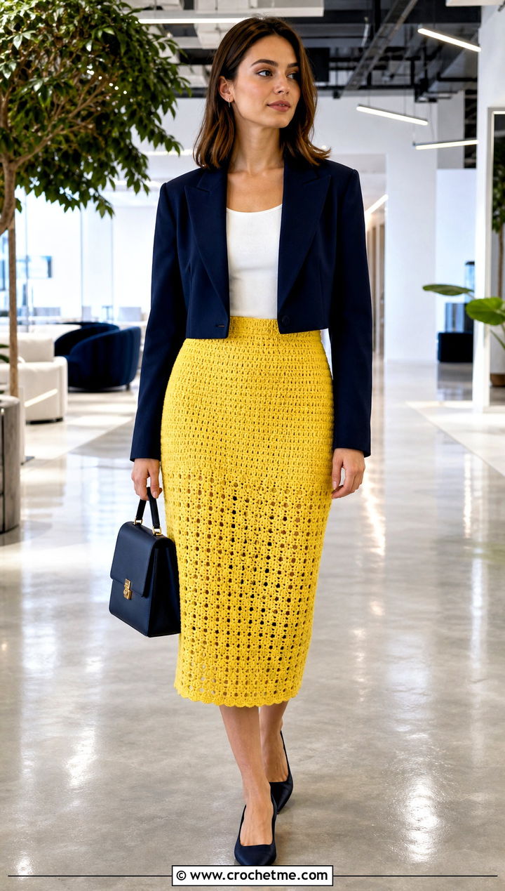 Yellow Crochet High Waisted Skirt With Cropped Blazer - 35 yellow crochet skirt outfit ideas