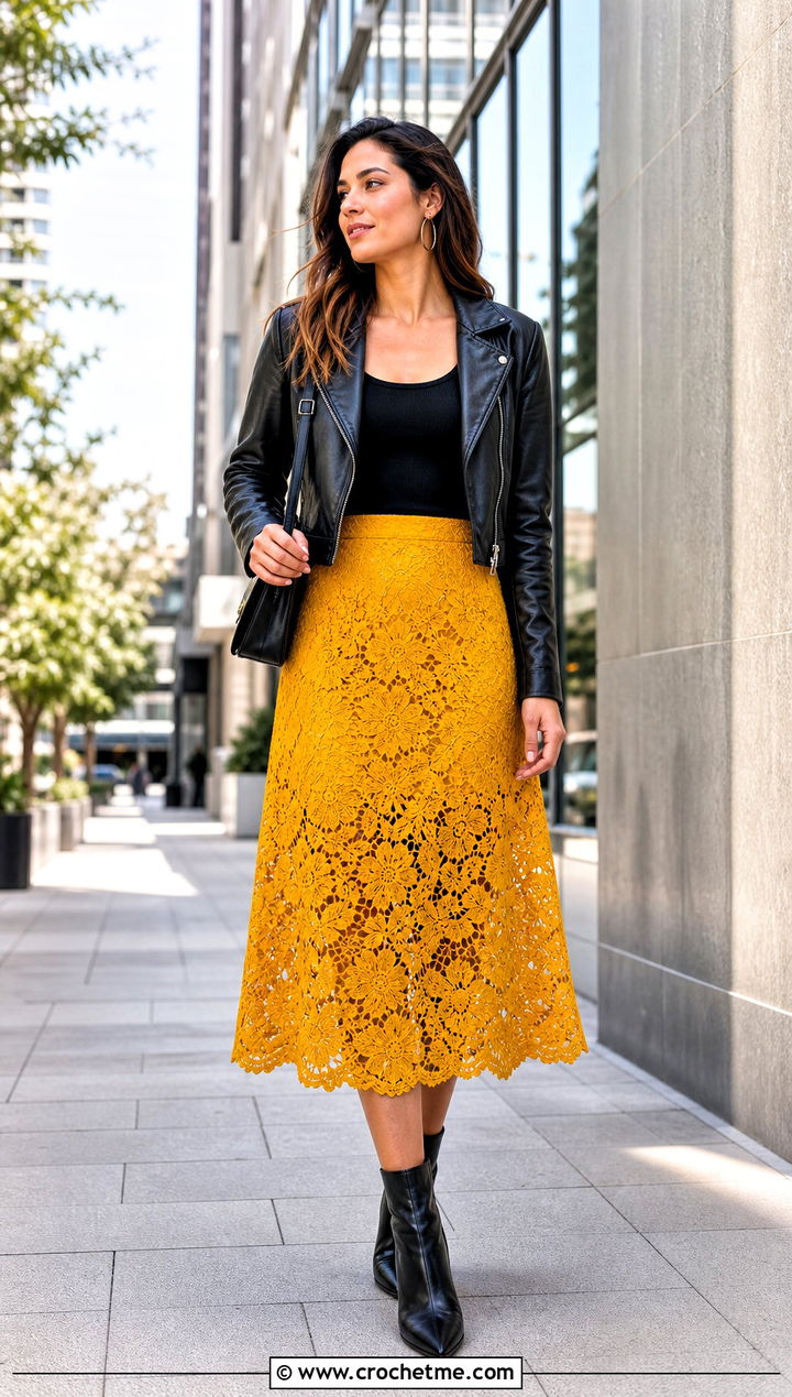 Yellow Crochet Lace Skirt With Leather Jacket - 35 yellow crochet skirt outfit ideas