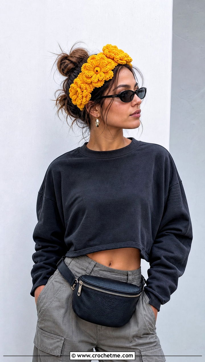 Yellow Crochet Marigold Headband With Cargo Pants - 15 yellow crochet flower headband outfit ideas