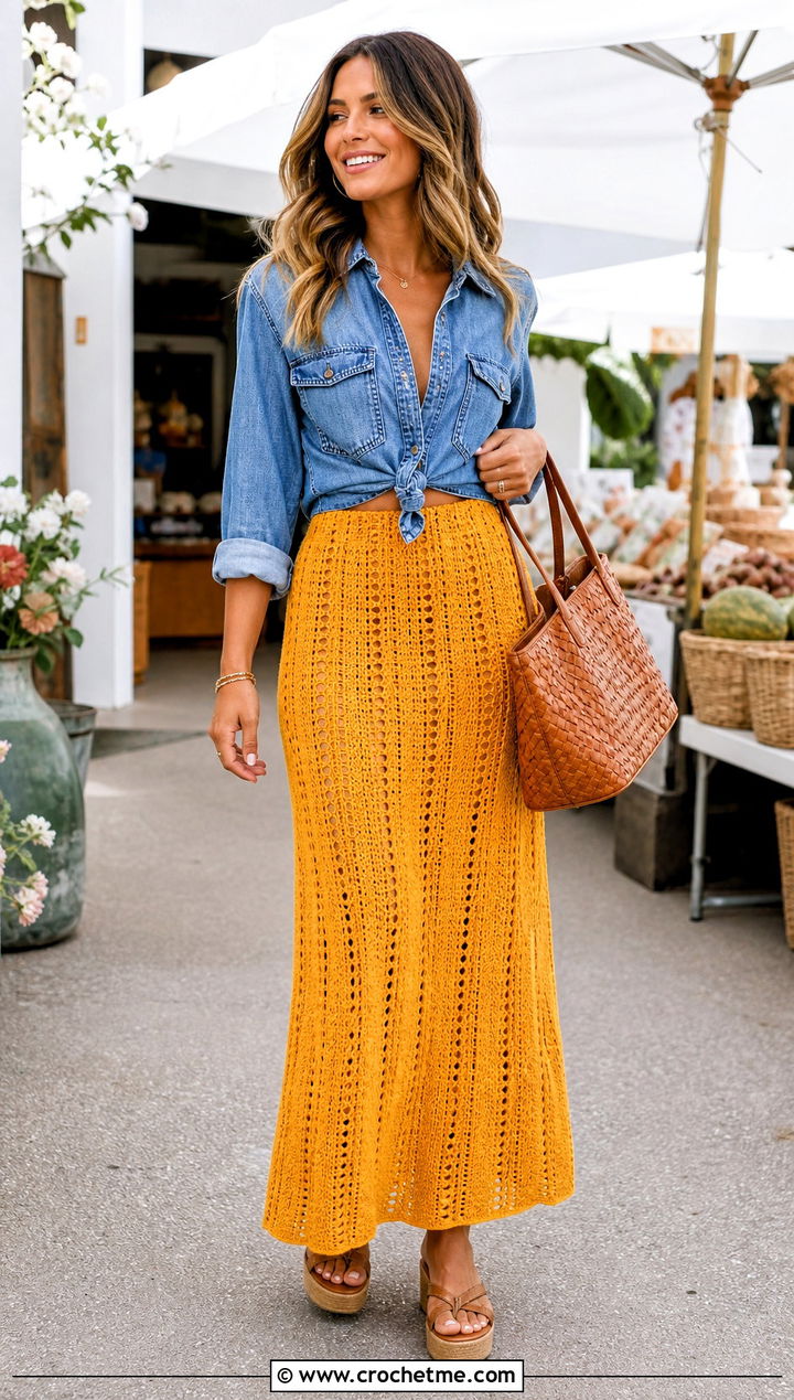 Yellow Crochet Maxi Skirt With Denim Shirt - 35 yellow crochet skirt outfit ideas