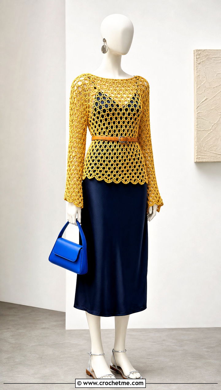 Yellow Crochet Mesh Top Over Slip Dress - 15 yellow crochet top on mannequin outfit ideas