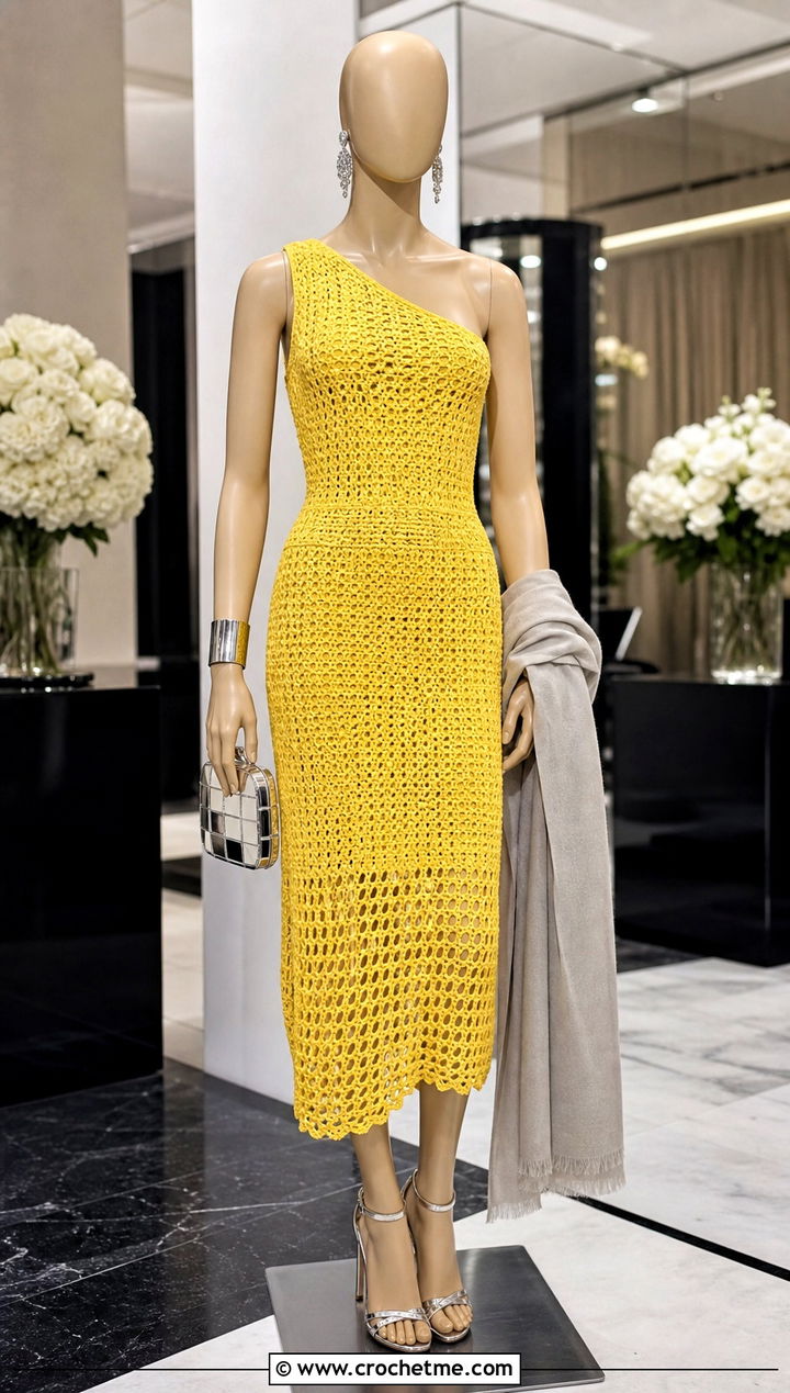Yellow Crochet One Shoulder Dress With Metallic Sandals - 15 yellow crochet dress on mannequin outfit ideas