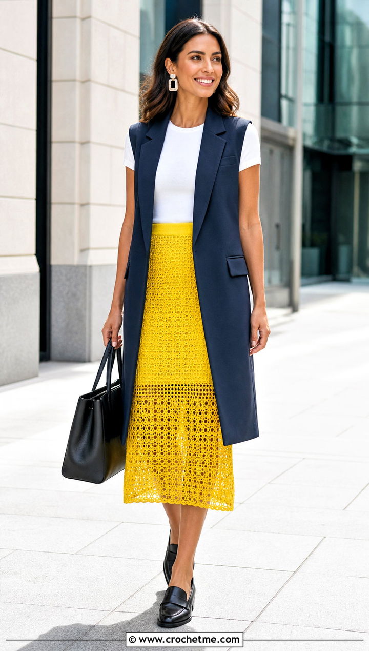 Yellow Crochet Openwork Skirt With Longline Vest - 35 yellow crochet skirt outfit ideas