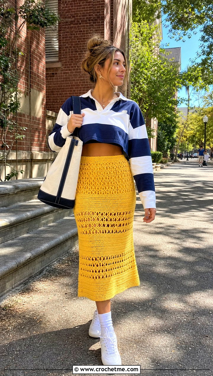 Yellow Crochet Panel Skirt With Rugby Shirt - 35 yellow crochet skirt outfit ideas