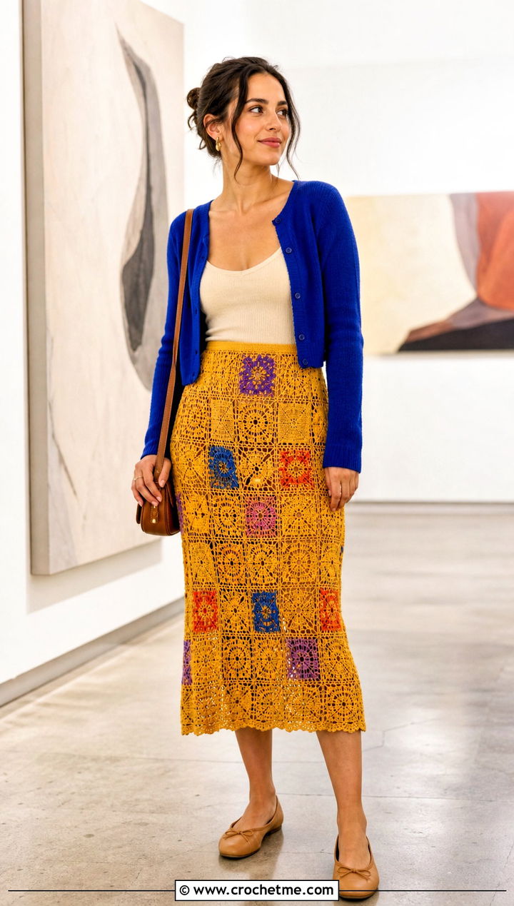 Yellow Crochet Patchwork Skirt With Cropped Cardigan - 35 yellow crochet skirt outfit ideas