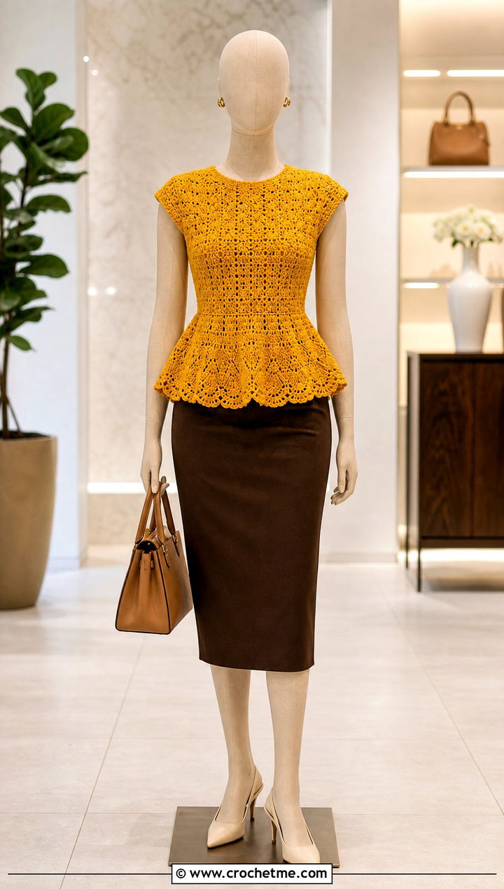 Yellow Crochet Peplum Top With Pencil Skirt - 15 yellow crochet top on mannequin outfit ideas